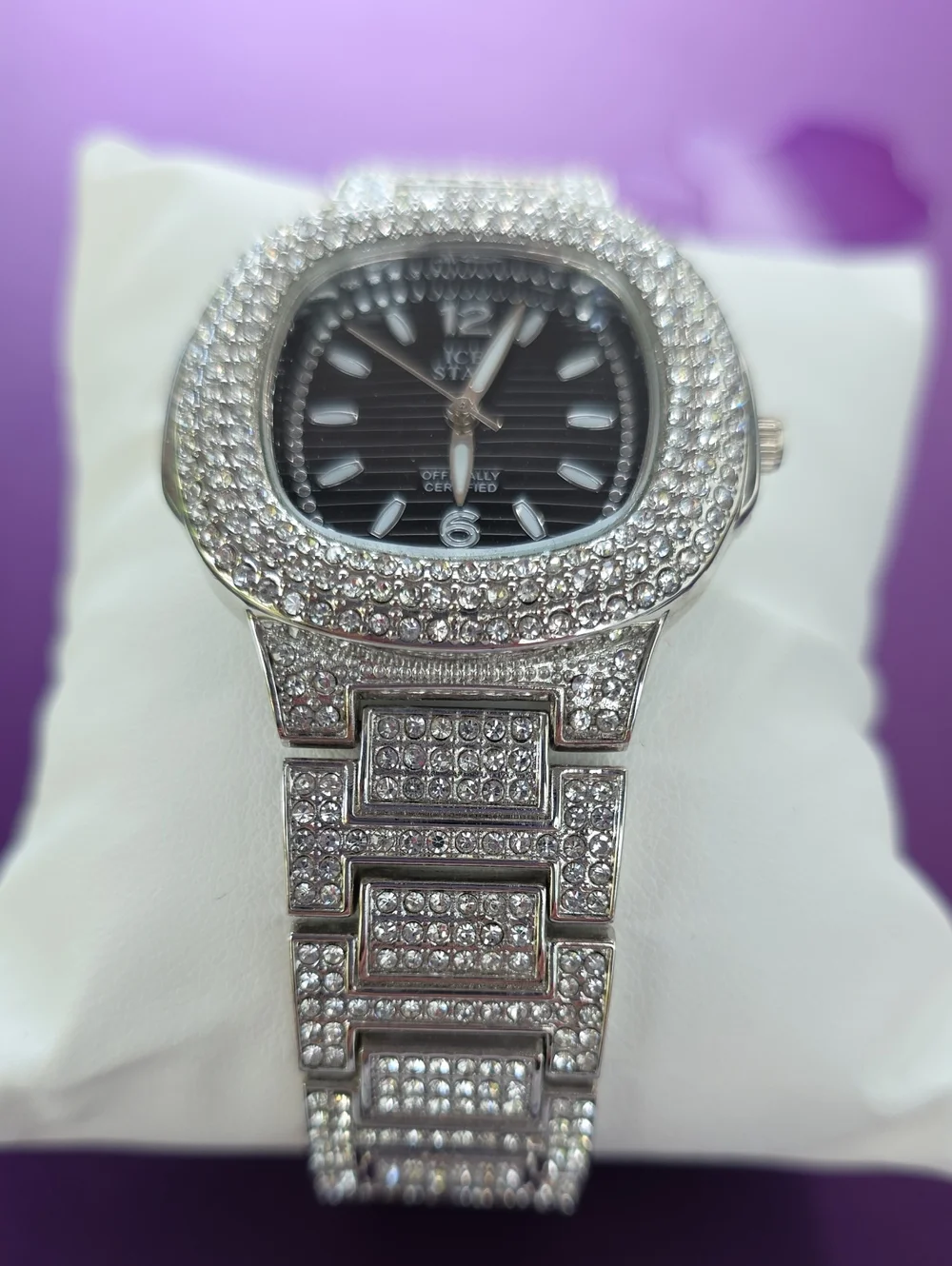 550.  Silver Men’s Crystal Bracelet Watch - Black Dial